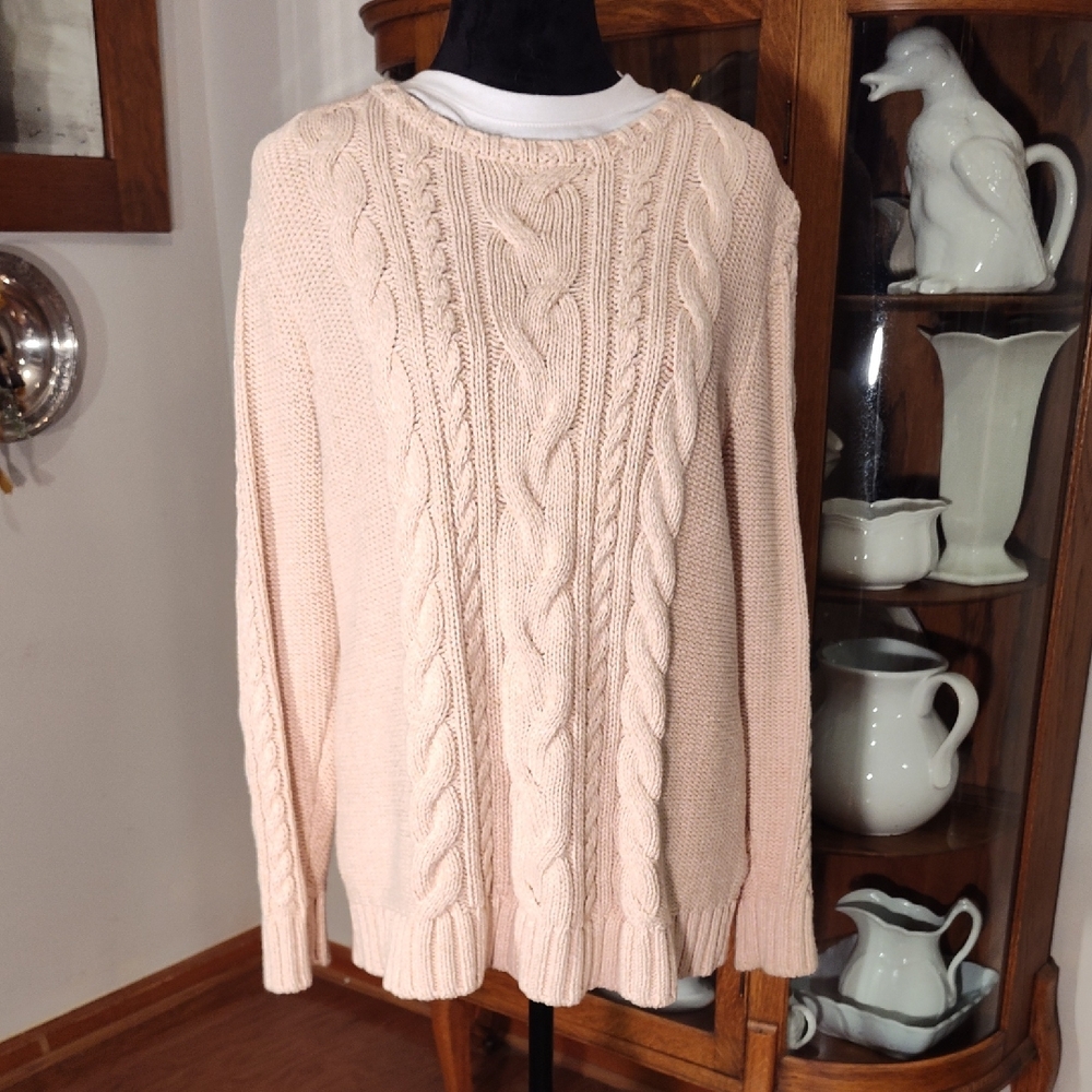 L.L. Bean Women's Cable Knit Sweater 100% Cotton Light Pink